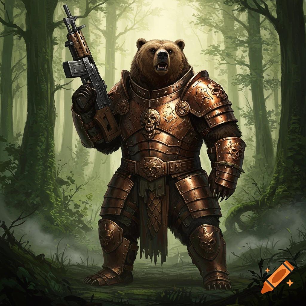 A formidable anthropomorphic bear in ornate copper armor wields a machine gun, standing in a misty, dense forest.