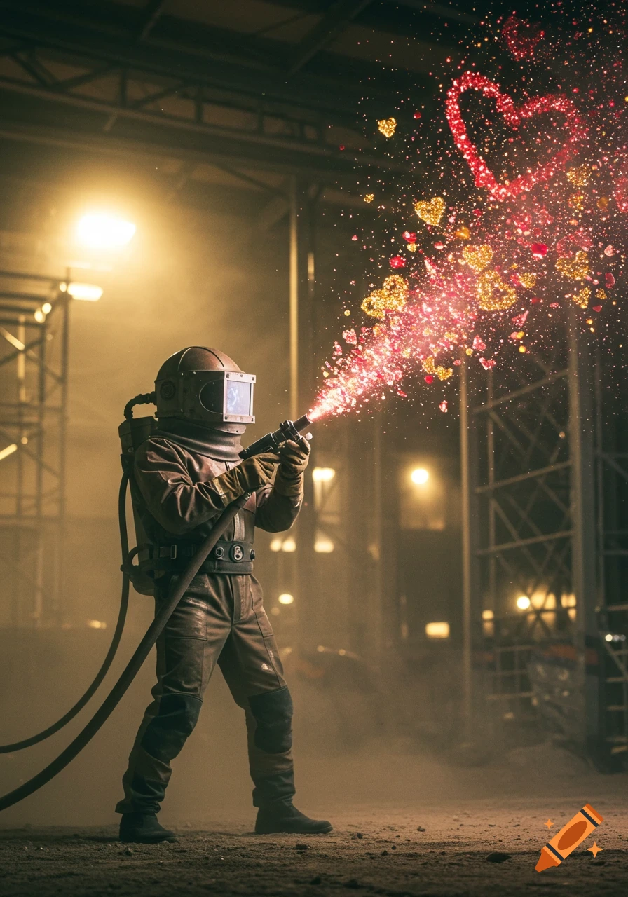 A person in a sandblasting suit shoots sparkling red and gold heart particles from a hose in a cinematic, industrial setting.