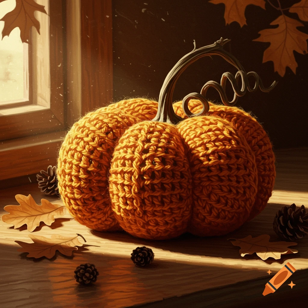 A cozy orange crochet pumpkin sits on a wooden windowsill with fallen autumn leaves and pinecones, bathed in warm sunlight.