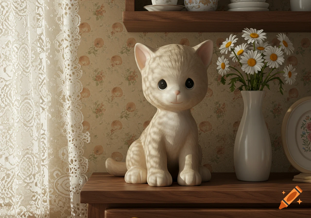 A cute Precious Moments-style cat figurine sits on a wooden table next to a vase of daisies, with floral wallpaper and lace curtains.