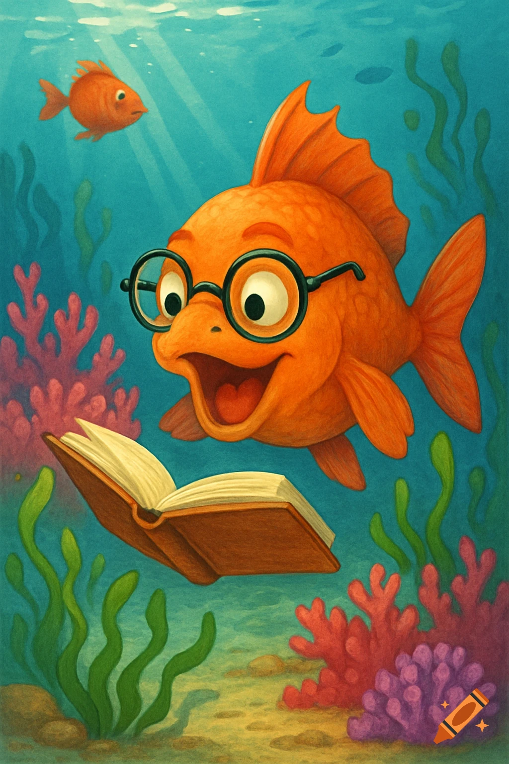 A cheerful orange cartoon goldfish wearing glasses reads an open book underwater amidst coral and seaweed. Illustrative.