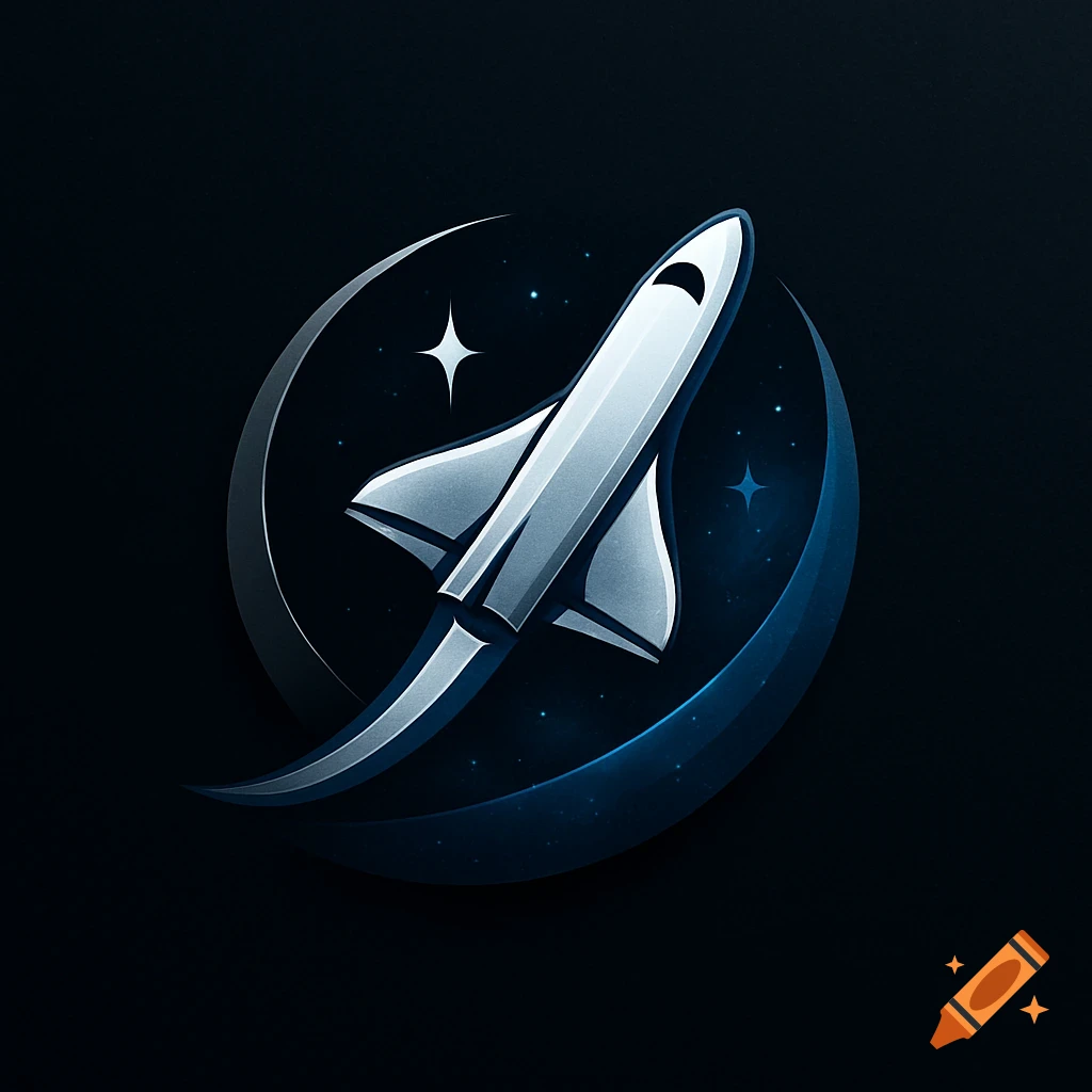 A shiny silver rocket launching from a dark blue crescent moon with stars, in a stylized logo on a black background.