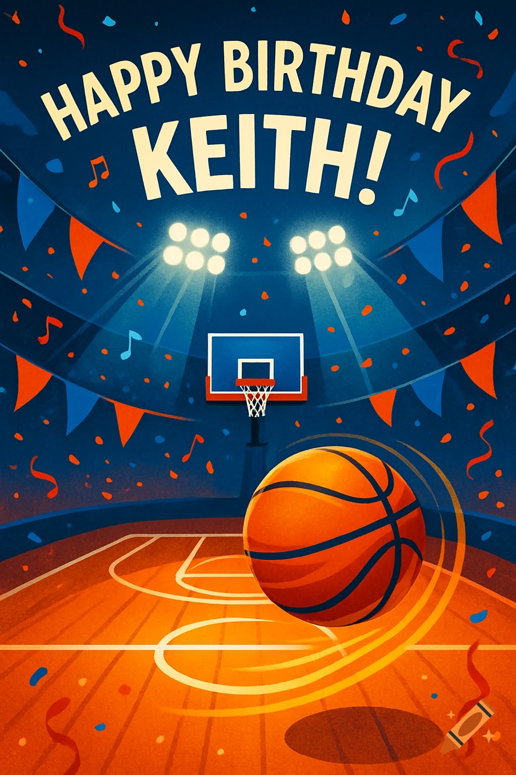 An illustration of a basketball court with a hoop, spotlights, confetti, and a basketball. Text reads 'HAPPY BIRTHDAY KEITH!'