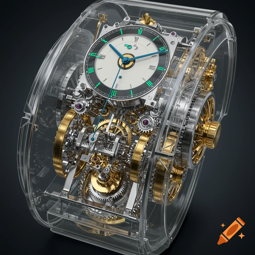 An intricate, transparent clock with visible gold and silver gears and a white face with green Roman numerals, on a dark background.