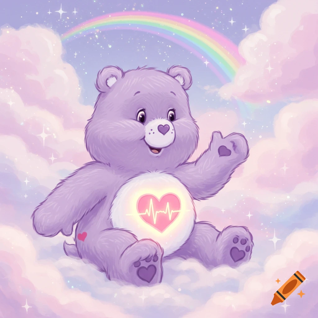 A purple Care Bear with a glowing heart showing a heartbeat on its belly, sitting on fluffy clouds under a rainbow and sparkling sky.