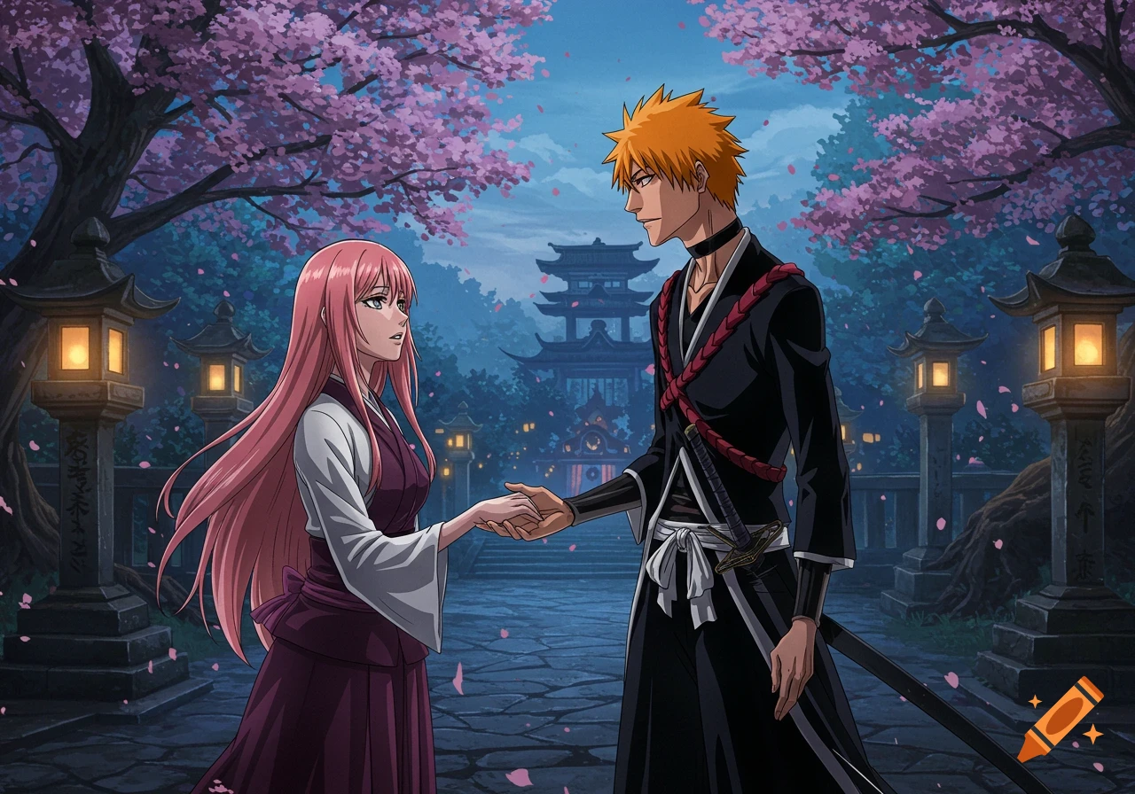 An anime man and woman, holding hands, stand under cherry blossom trees with traditional lanterns and a pagoda in the background at dusk.