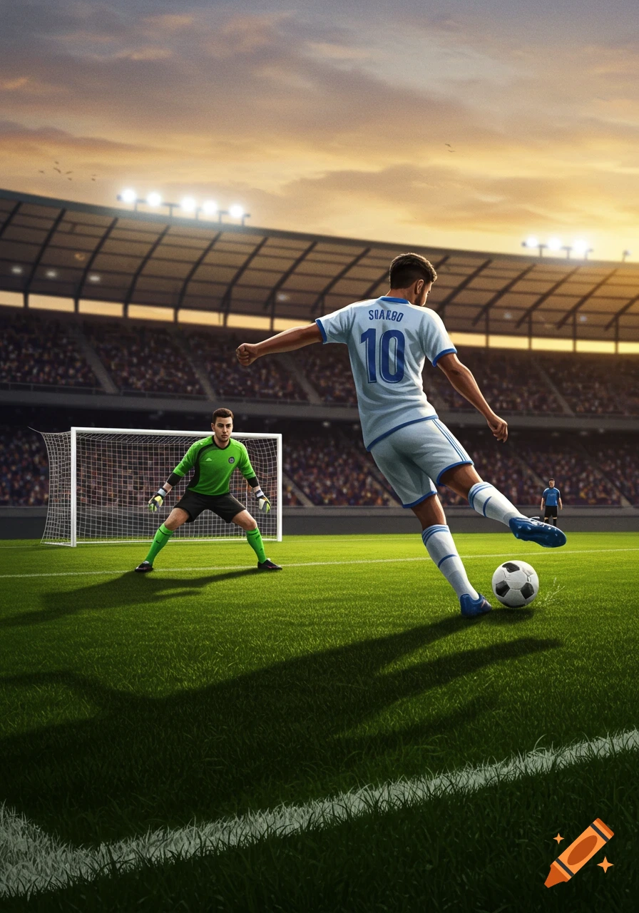 A photorealistic image of a football player taking a penalty kick against a goalkeeper in a stadium at sunset.