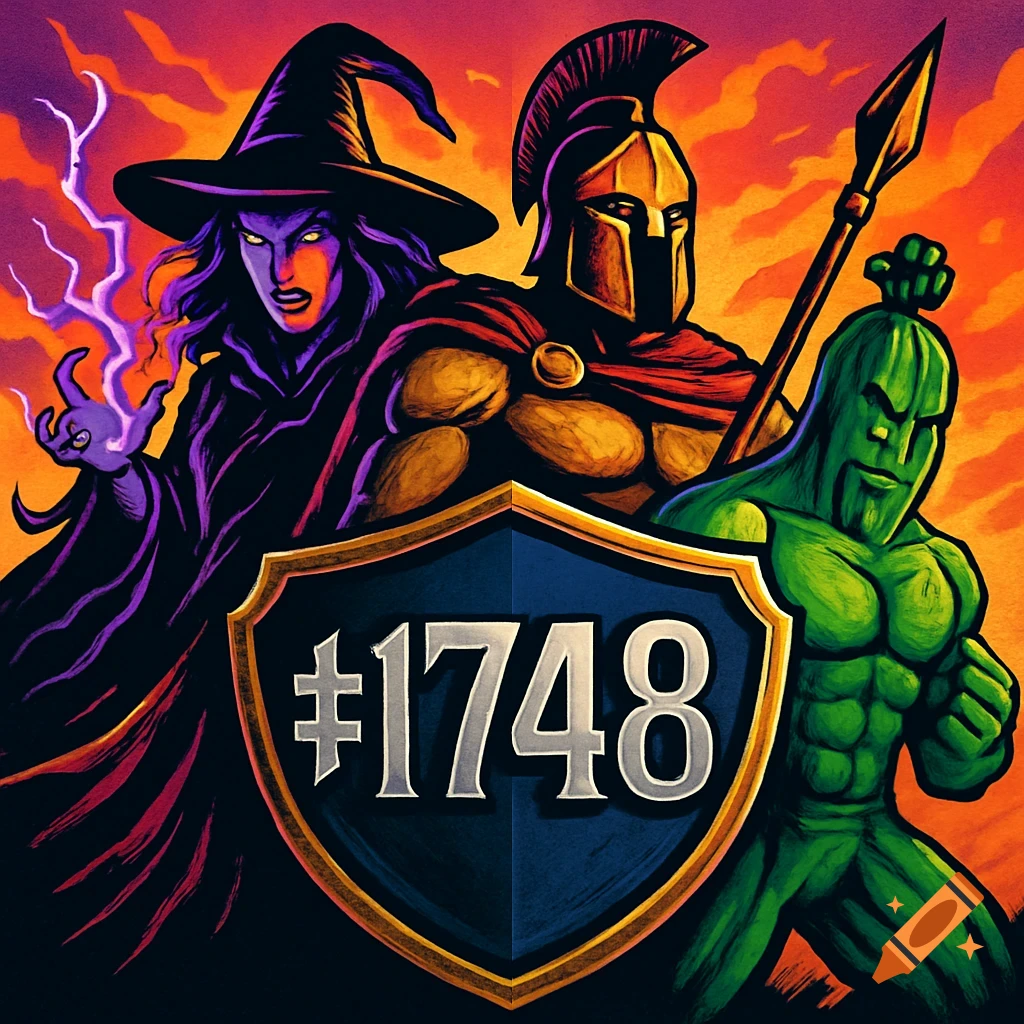A witch, a Spartan, and a green muscular humanized zucchini behind a shield with '#1748', in a bold, stylized comic art style.
