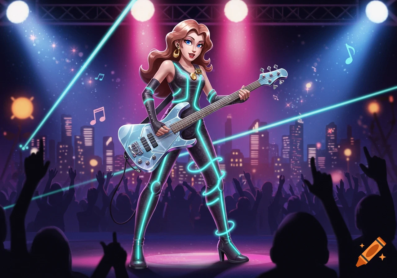 A stylized illustration of a female musician in a neon-lit outfit playing bass guitar on stage before a cheering crowd and city skyline.