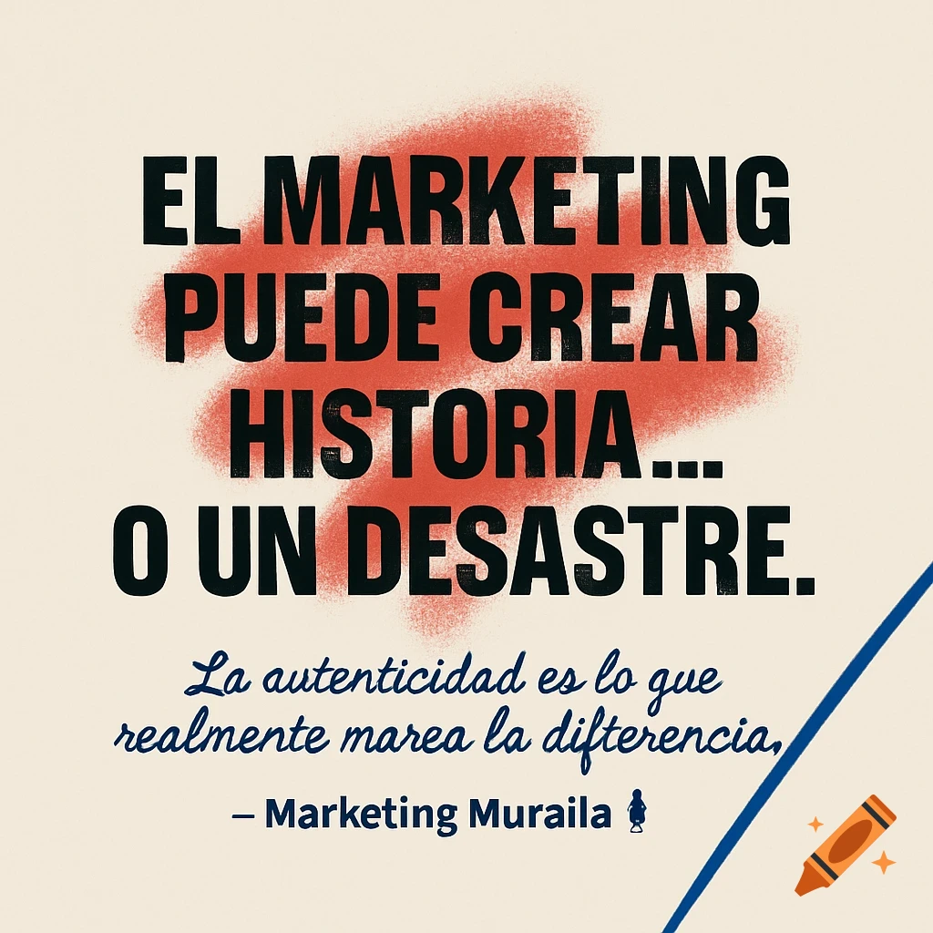 Bold Spanish text "EL MARKETING PUEDE CREAR HISTORIA... O UN DESASTRE." on a beige background with a red spray effect, above smaller text.