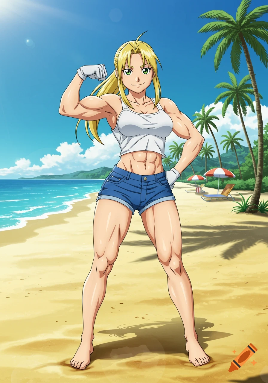 A muscular anime woman with blonde hair in a crop top and shorts flexes her bicep on a sunny beach.