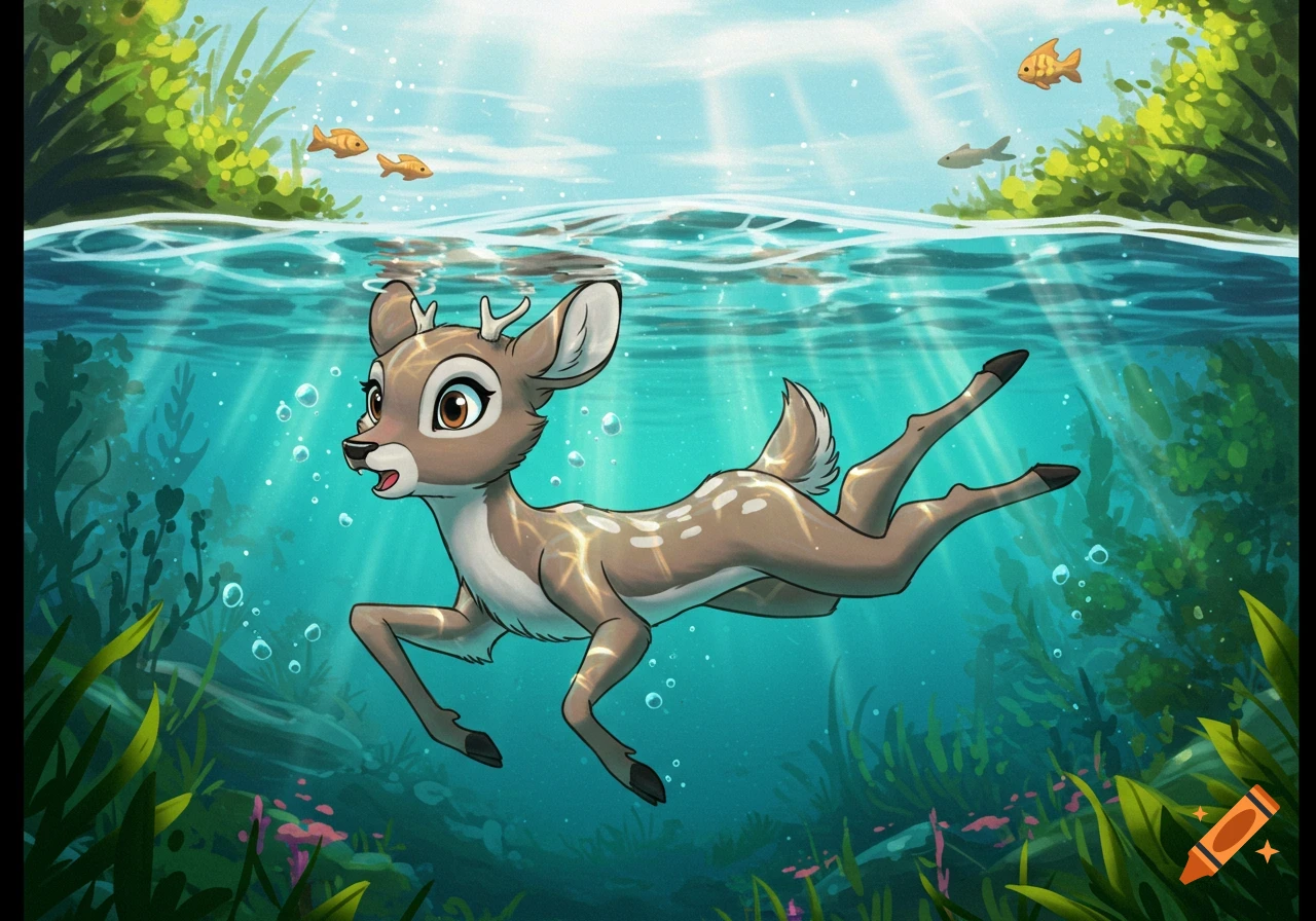A cute cartoon deer swims gracefully underwater in a sunlit river with fish and plants.