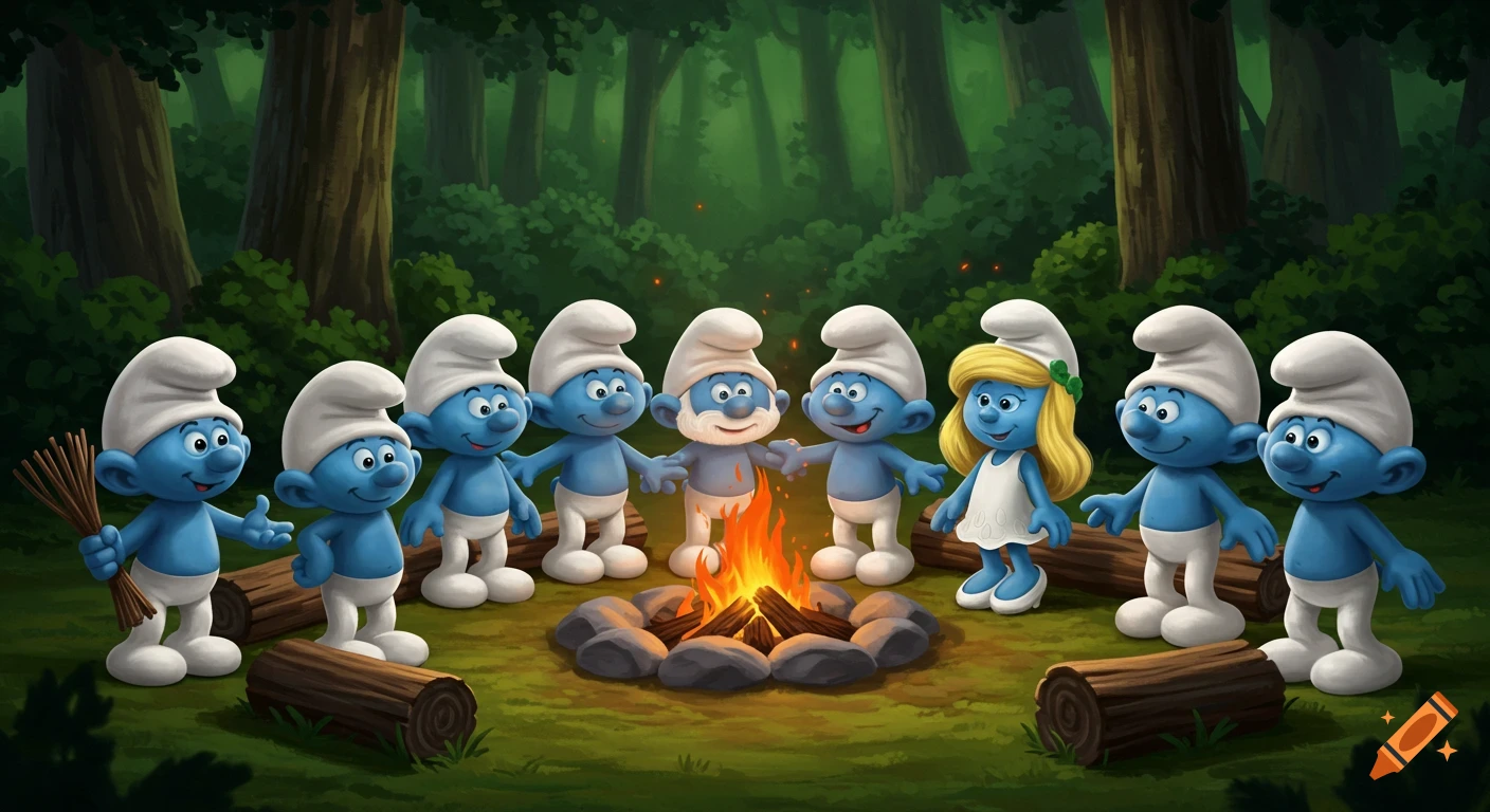 A group of Smurfs, including Smurfette and Papa Smurf, gathered around a campfire in a lush green forest.