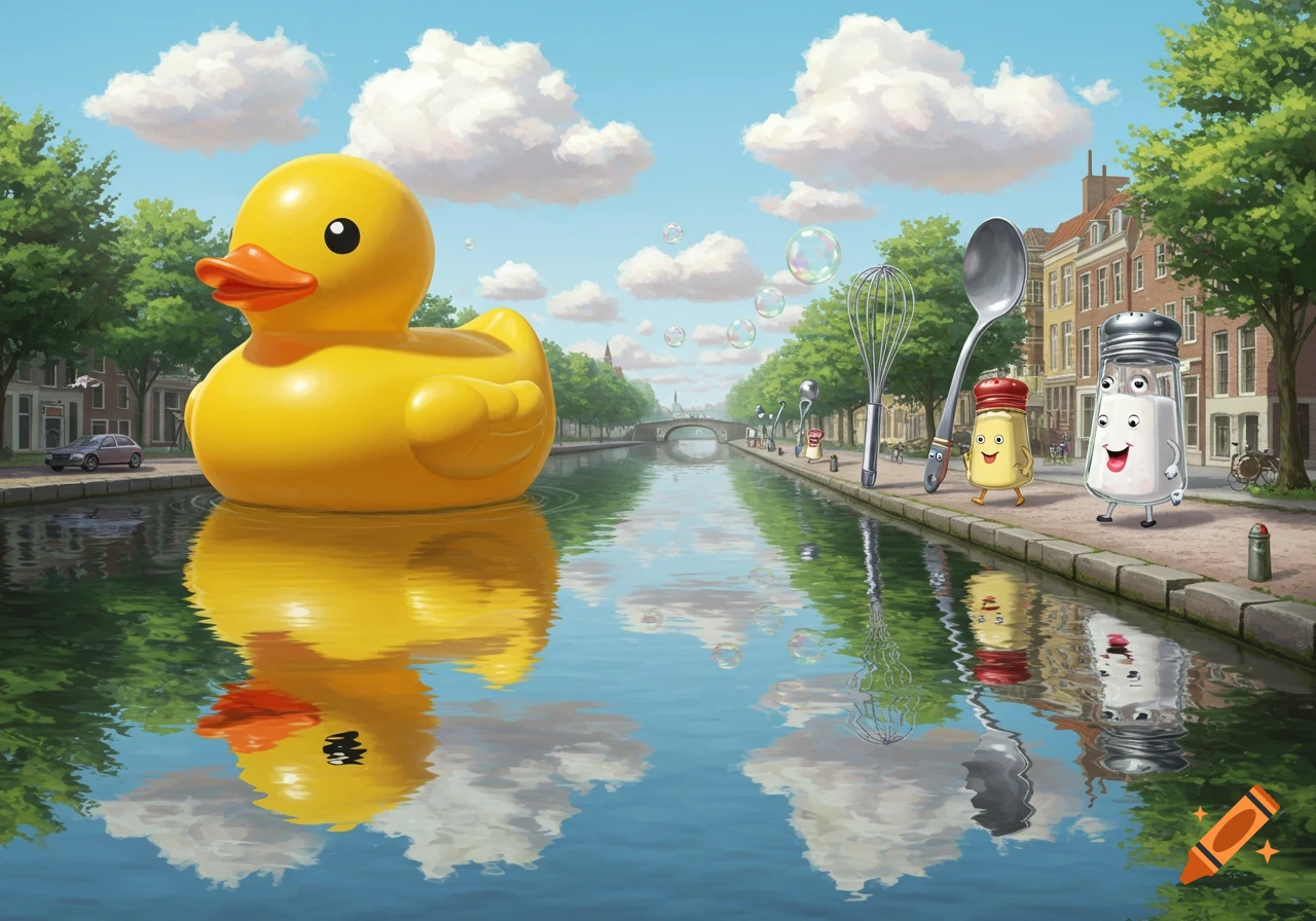 A giant yellow rubber duck floats in a canal next to a city street where anthropomorphic salt and pepper shakers walk past huge kitchen utensils.