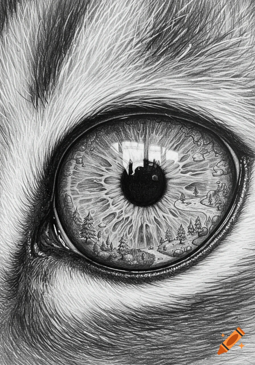 Detailed pencil drawing of a cat's eye, with a miniature forest landscape and river reflected within its iris.