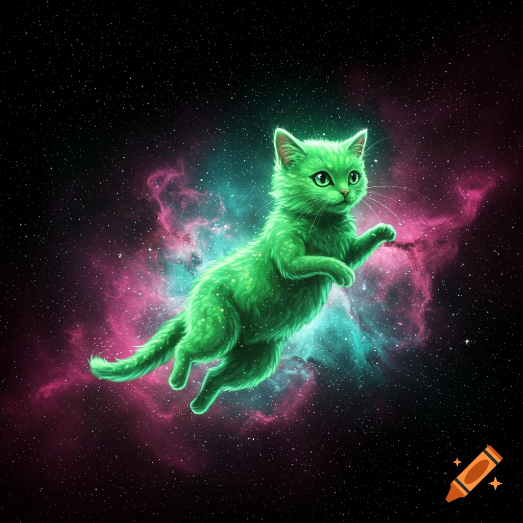 A glowing green cat floating in a vibrant pink and teal nebula with stars.