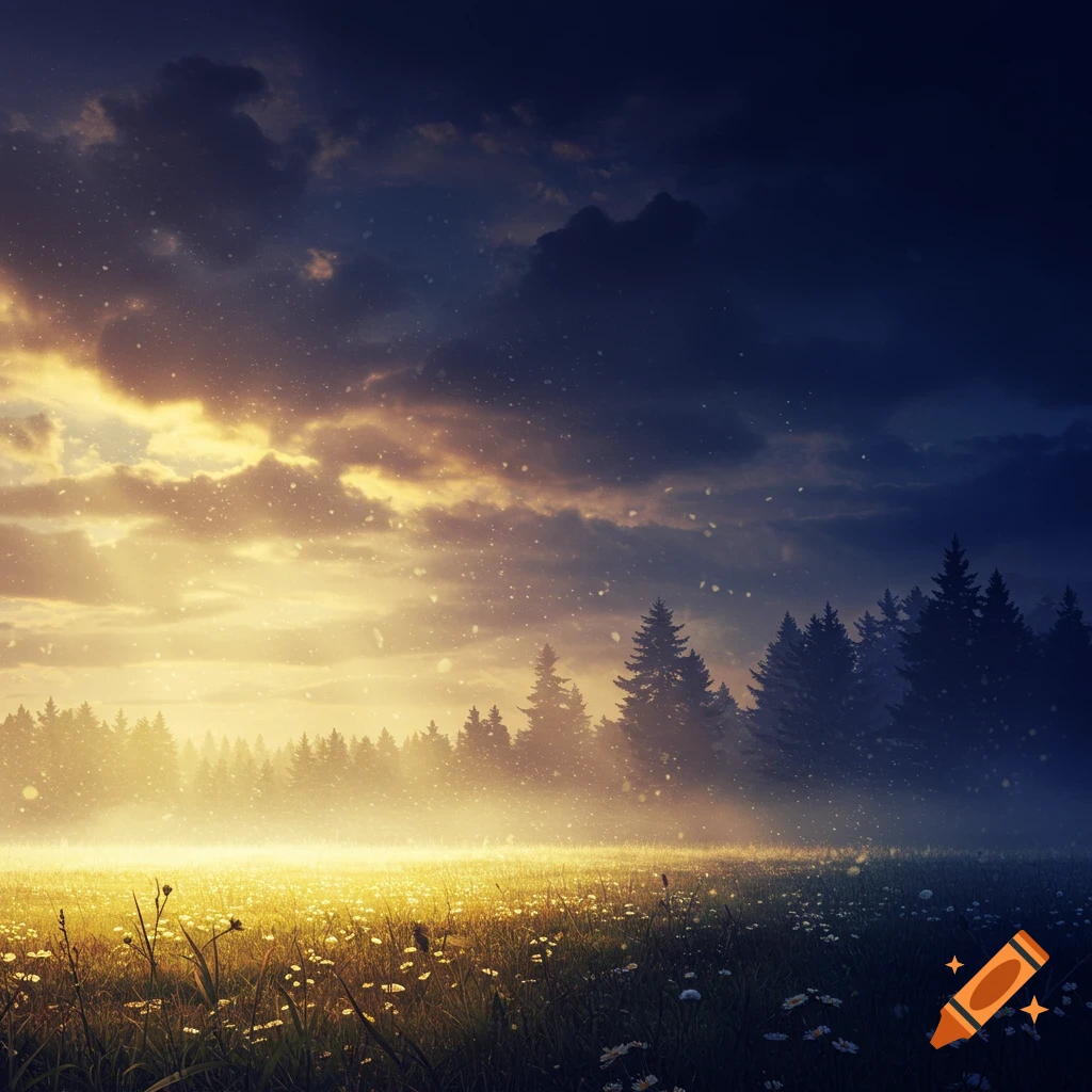 Misty field at sunset, with bright golden light fading into a dark, cloudy sky over an evergreen forest.