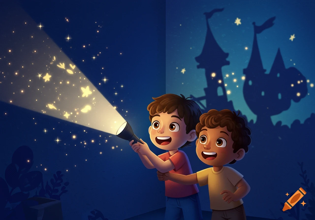 Two boys shine a flashlight projecting golden stars and a castle shadow onto a dark blue wall, in a vibrant cartoon illustration.