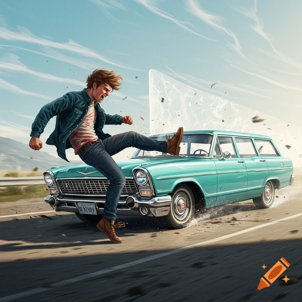 An angry man in a denim jacket kicks a teal station wagon on a road, which has crashed into a shattered invisible barrier. Illustrated.