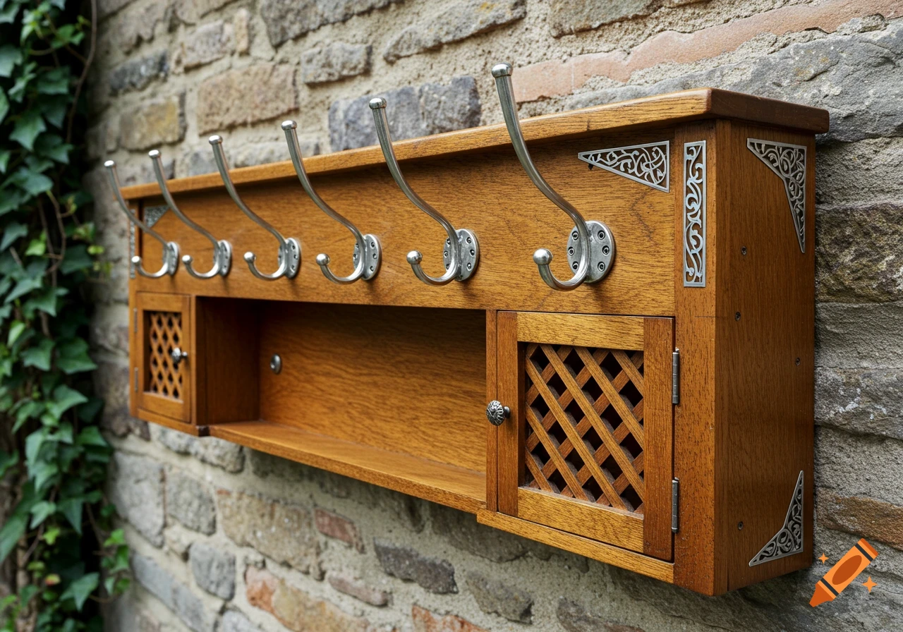 Rustic wooden coat rack with silver hooks and lattice-door compartments, mounted on a stone wall.