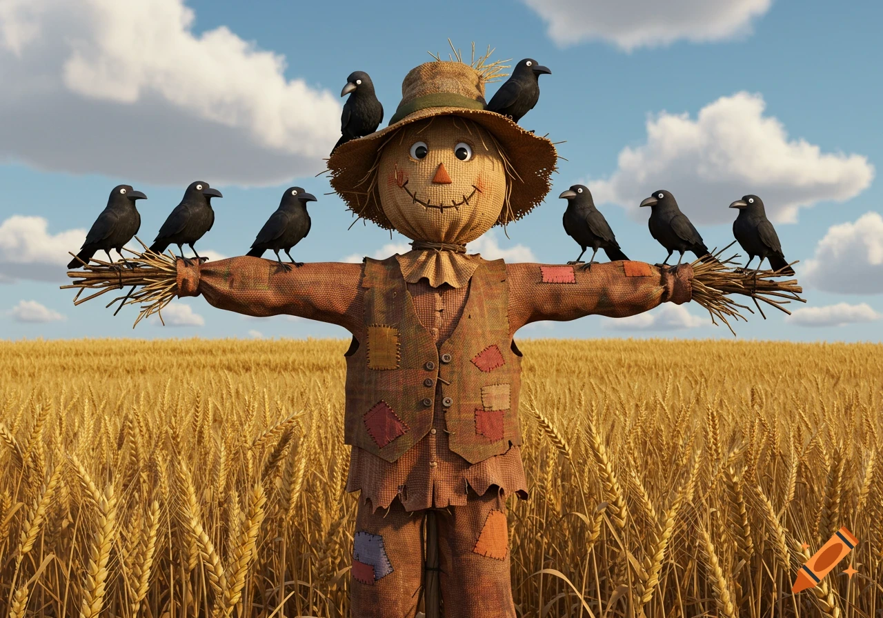 A friendly scarecrow wearing a straw hat and patchwork clothes stands in a golden wheat field with several black crows perched on its arms and hat under a blue sky.