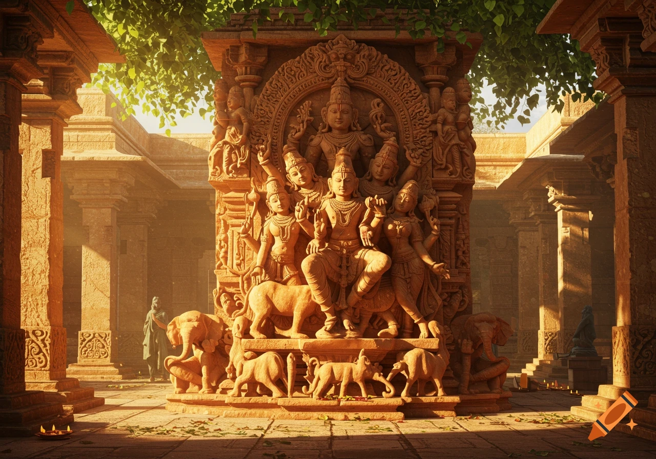 An intricately carved stone sculpture depicting Indian deities and animals in a sunlit ancient temple courtyard.