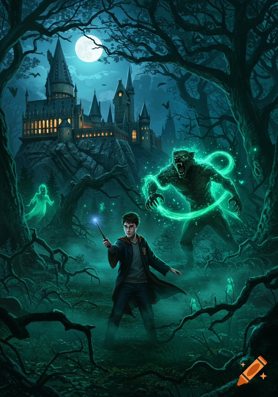 A young wizard with a glowing wand faces a large, green glowing werewolf in a dark, eerie forest. In the background, a majestic castle sits atop a hill under a bright full moon. Two ghostly figures hover nearby. The illustration has a dark fantasy aesthetic.
