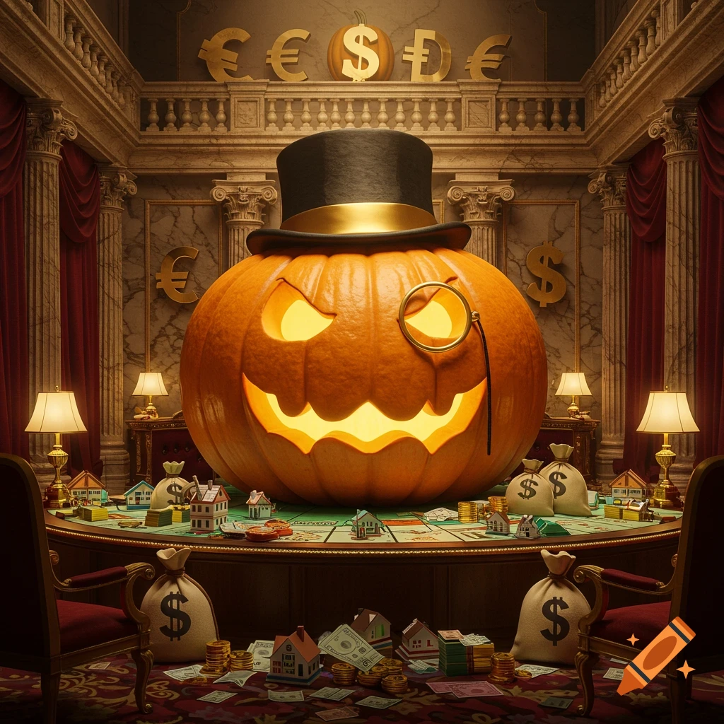 A dapper jack-o'-lantern wearing a top hat and monocle sits at a Monopoly game table, surrounded by money and houses, in a luxurious room.