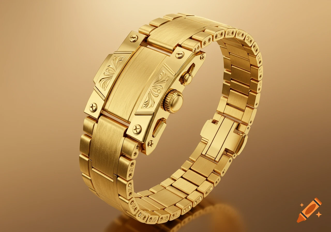 A close-up of a luxurious gold watch bracelet with ornate details and a brushed metal finish on a warm background.