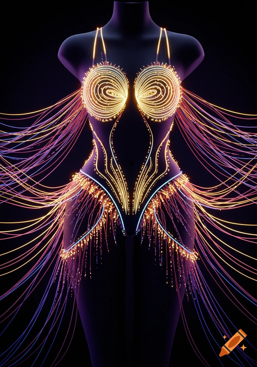 A glowing futuristic garment on a dark mannequin, featuring intricate radiating patterns of golden, purple, and blue light against a dark background in digital art style.