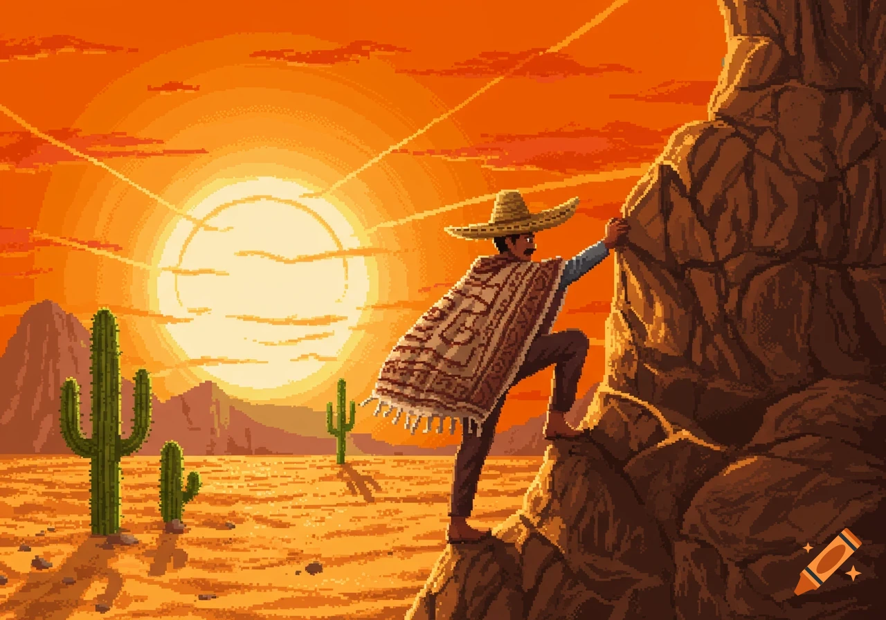 Highly detailed pixel art of a man in a poncho and sombrero climbing a rocky desert mountain under a blazing sun, with cactuses in the background.