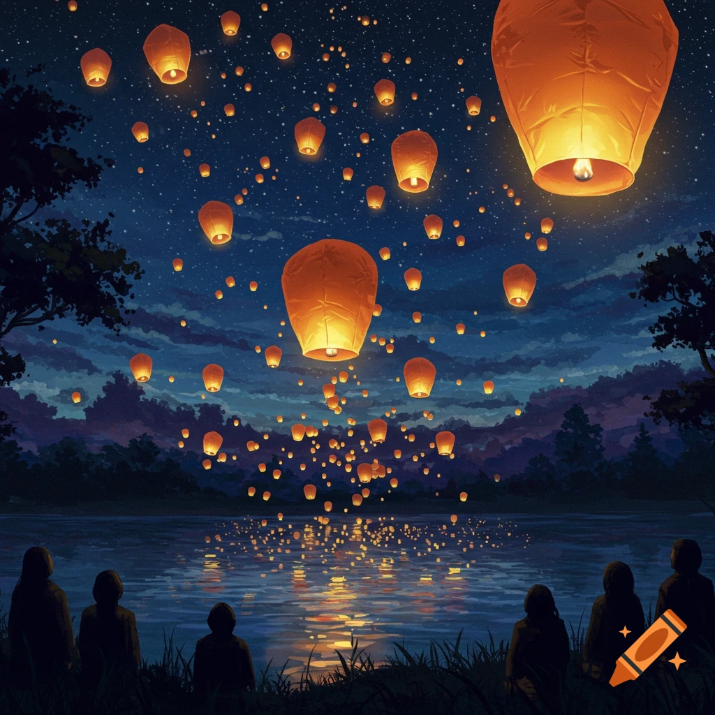Silhouetted figures watch countless glowing orange sky lanterns float over a lake at night under a starry sky.