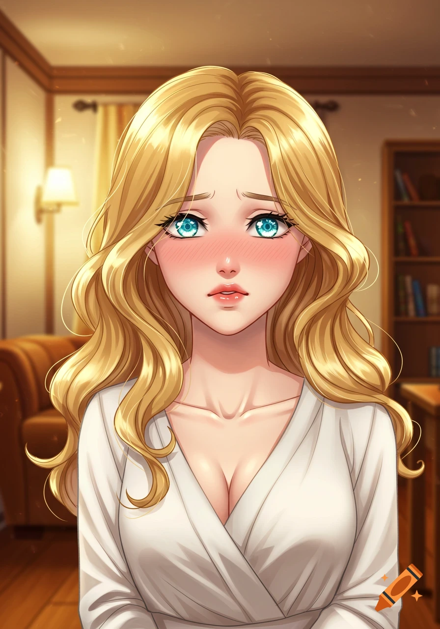 An anime woman with long blonde wavy hair and big blue eyes blushes, looking embarrassed, wearing a white V-neck top indoors.
