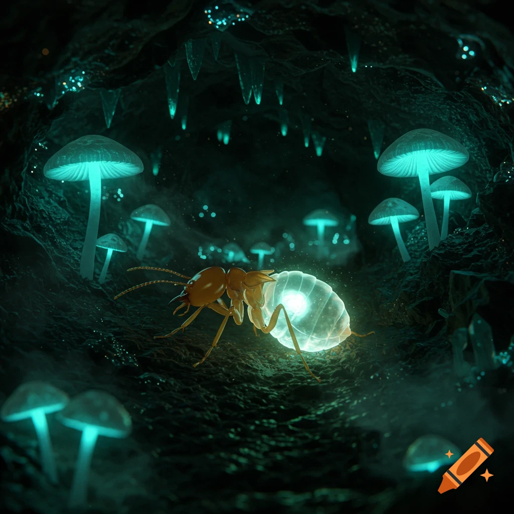 A photorealistic image of a glowing termite queen with a translucent abdomen in a bioluminescent mushroom cave.