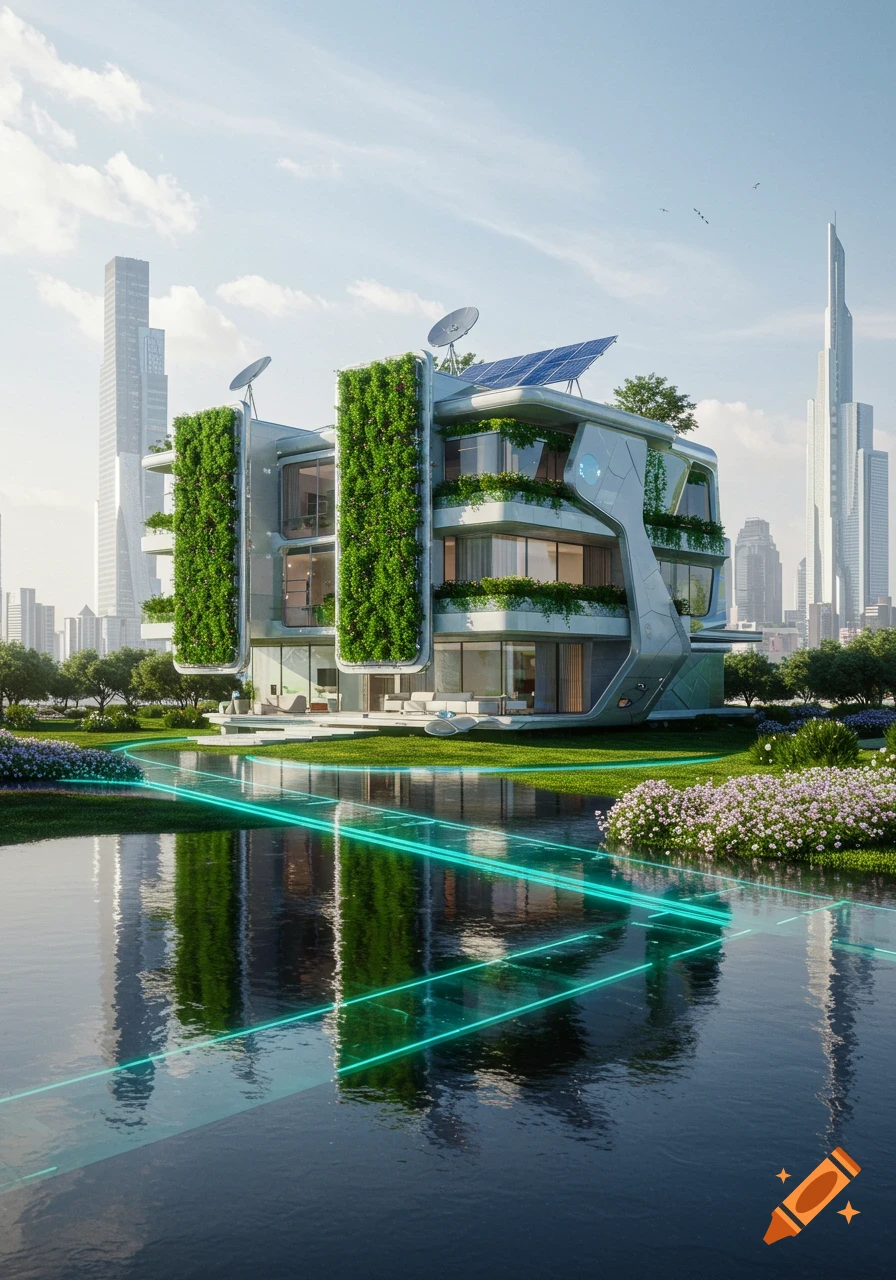 A photorealistic, futuristic house with vertical gardens and solar panels by a pond with glowing lines, a modern city skyline in the background.