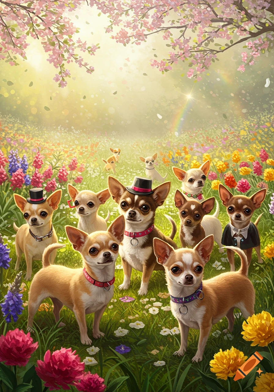 An illustration of many chihuahuas in a vibrant spring meadow with colorful flowers, cherry blossoms, and a rainbow. Some wear tiny hats.