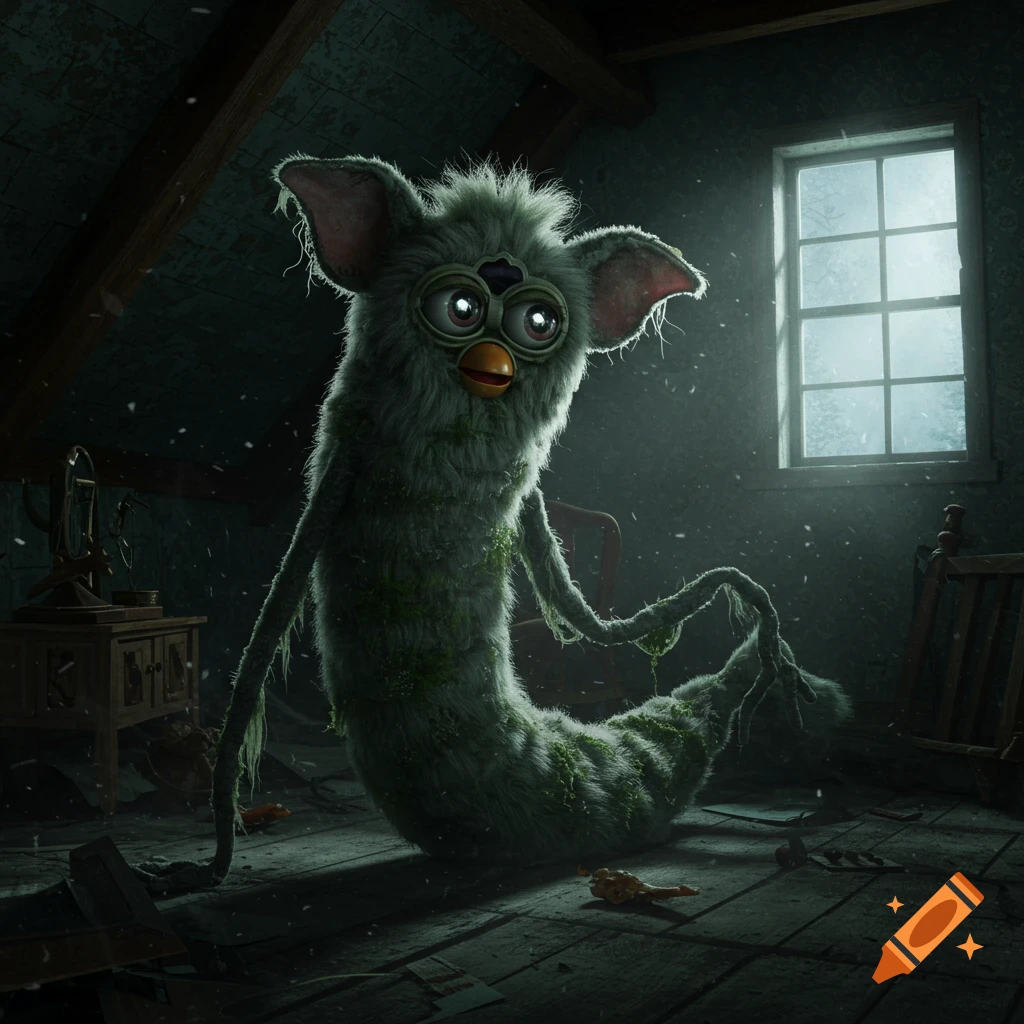 A creepy, moss-covered, multi-eyed, long-bodied Furby creature sits in a dark, dusty attic by a window.