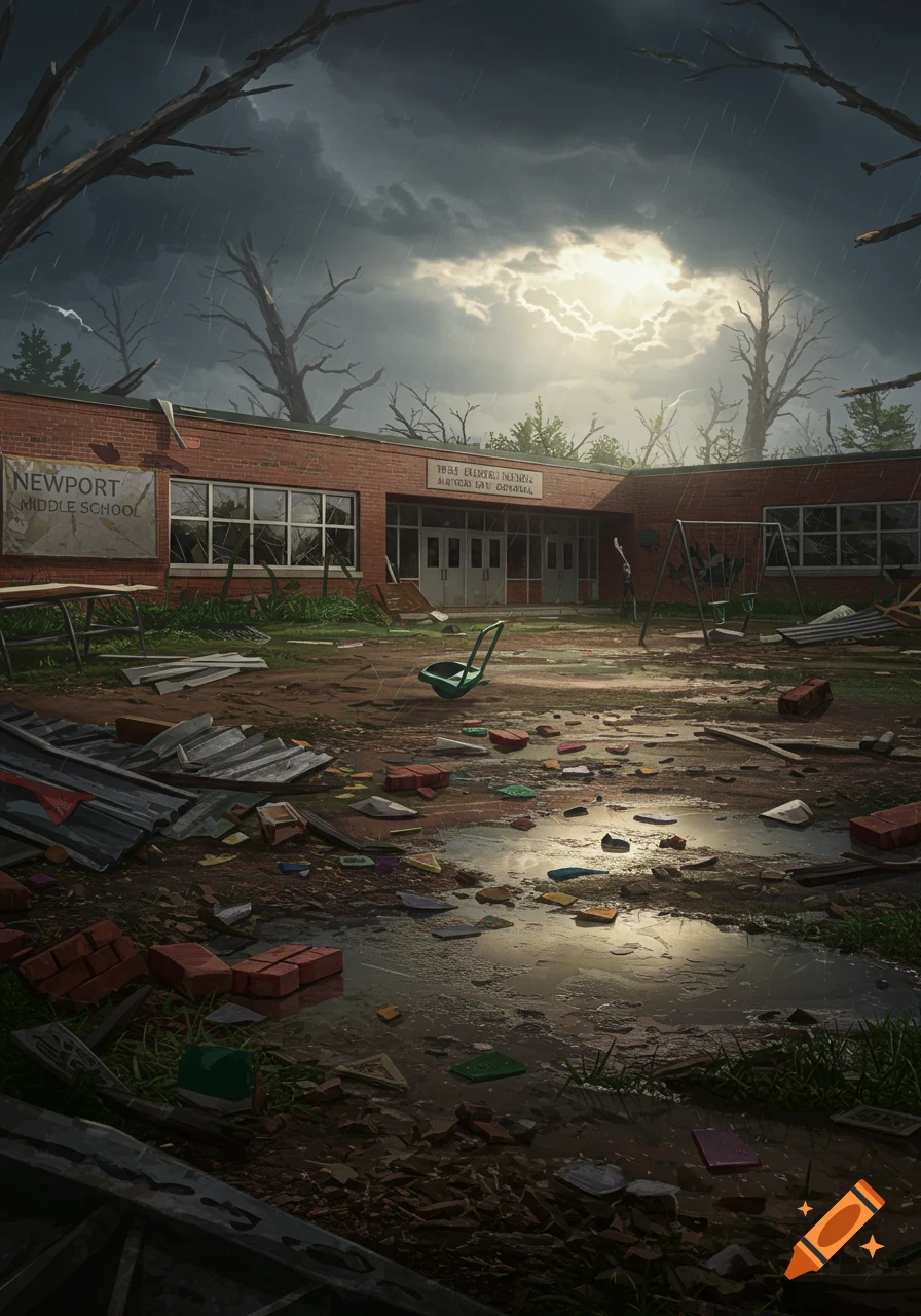 A ruined brick middle school stands under a stormy sky, surrounded by debris, mud puddles, and dead trees after a tornado.