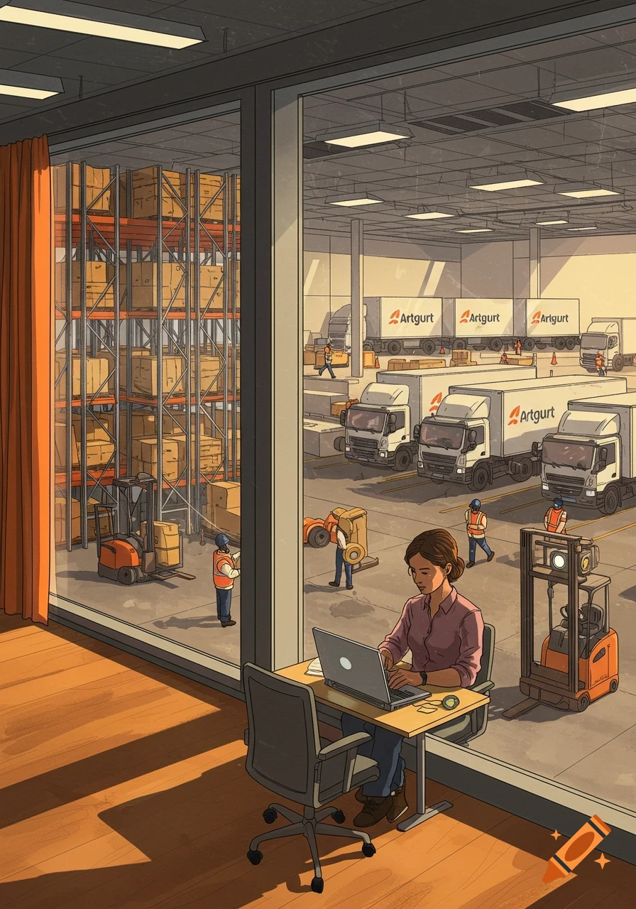 Illustrated view of a woman on a laptop in an office overlooking a busy warehouse with forklifts and an outdoor lot with Artgurt delivery trucks.