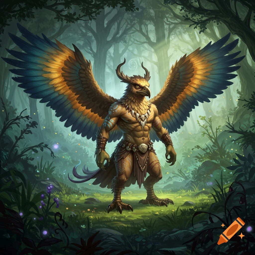 A muscular, horned bird-humanoid creature with large wings stands in a mystical, sun-dappled forest.
