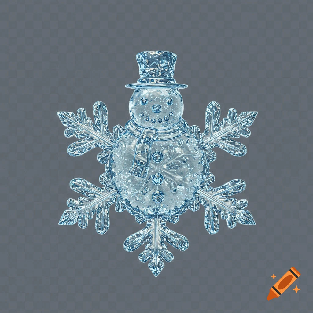 A detailed crystal-like snowflake shaped like a snowman wearing a top hat and scarf.