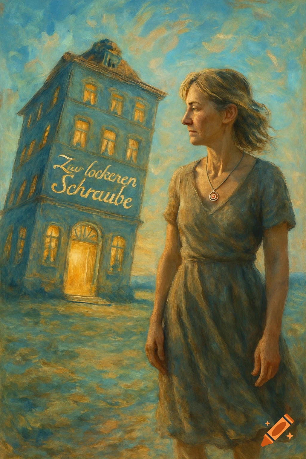 An oil painting of a woman in a beige dress standing beside a tilted hotel with 'Zur lockeren Schraube' text, under a cloudy sky.