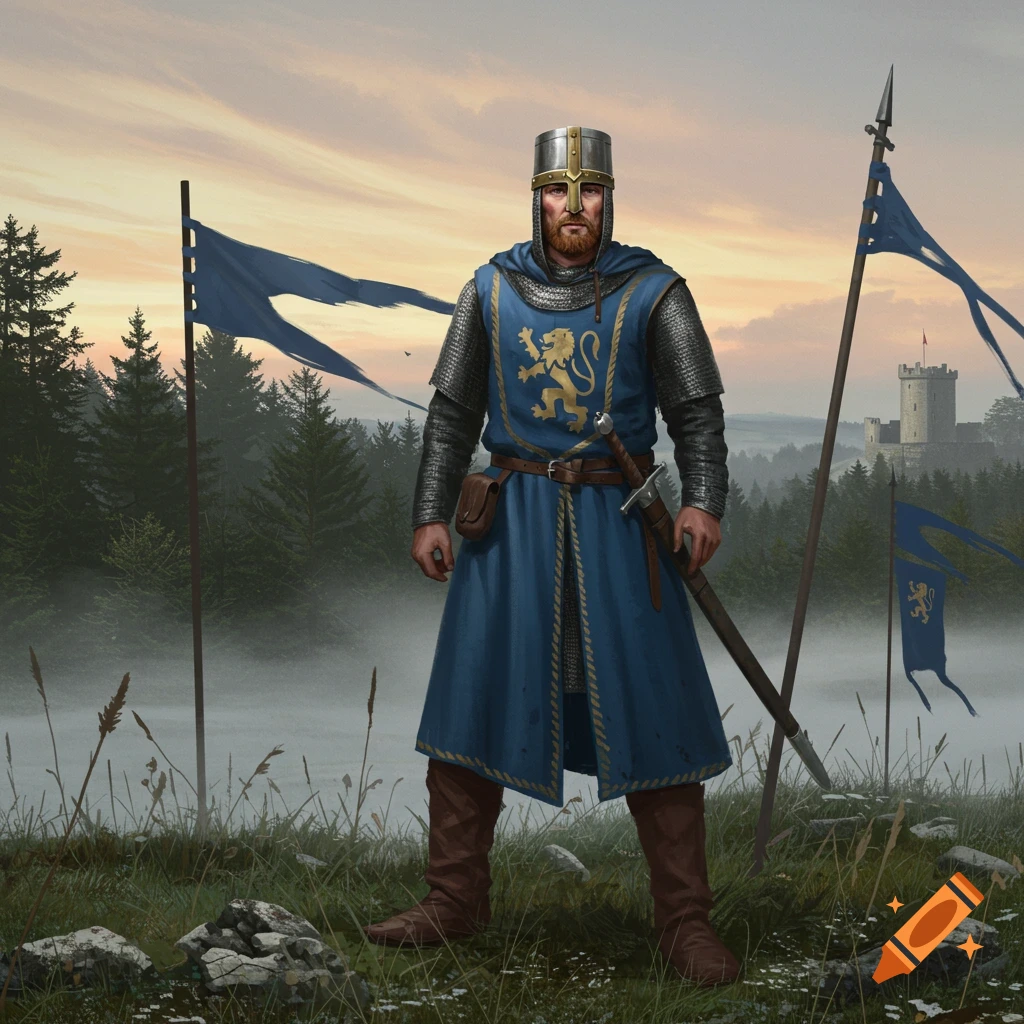 A bearded medieval knight in blue and gold armor stands in a misty field with flags and a distant castle at sunset.