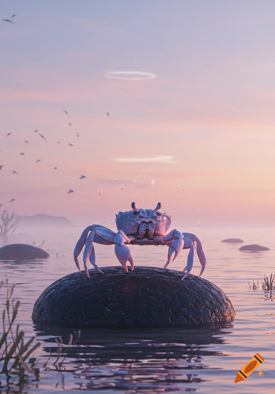 A stylized light blue-purple crab stands on a rock in calm water, against a pastel pink and blue sunset sky.