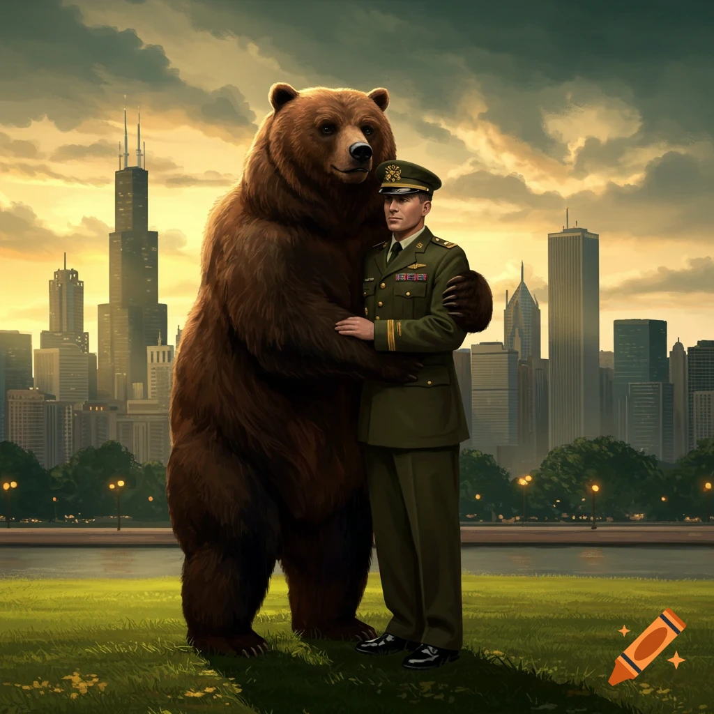 A large brown bear embraces a man in a green military uniform in a grassy park with a city skyline at sunset, rendered in an illustrative style.