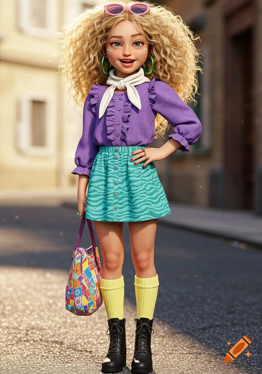 Stylized blonde girl with curly hair, pink sunglasses, purple blouse, turquoise skirt, yellow socks, black boots, and colorful bag on a sunny street.