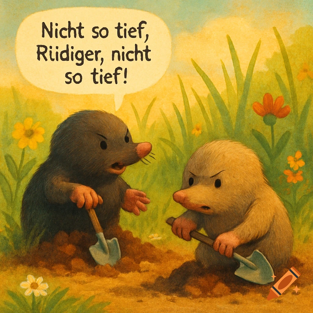A cartoon illustration of two moles digging, one admonishing the other, 'Not so deep, Rüdiger, not so deep!'