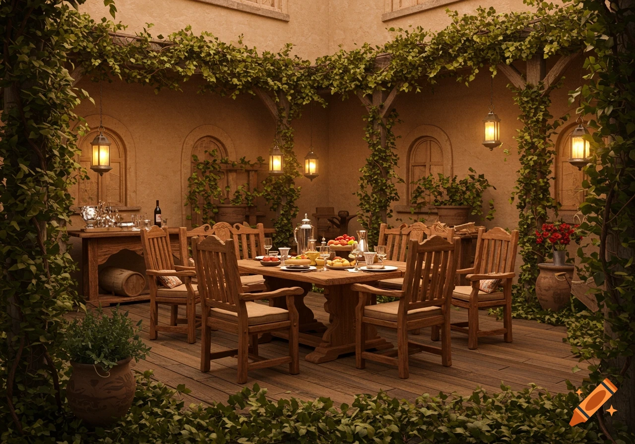 Cozy evening patio with a wooden dining table and chairs, draped in vines. Lanterns cast a soft glow on the warm-toned walls.