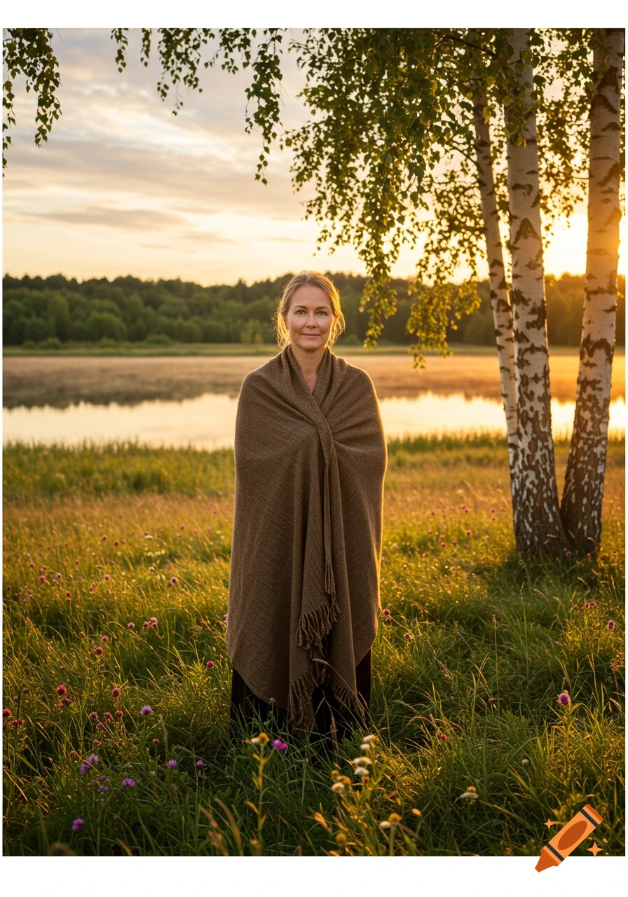 A woman wrapped in a brown blanket stands in a grassy field at sunset, with a lake and forest in the background.