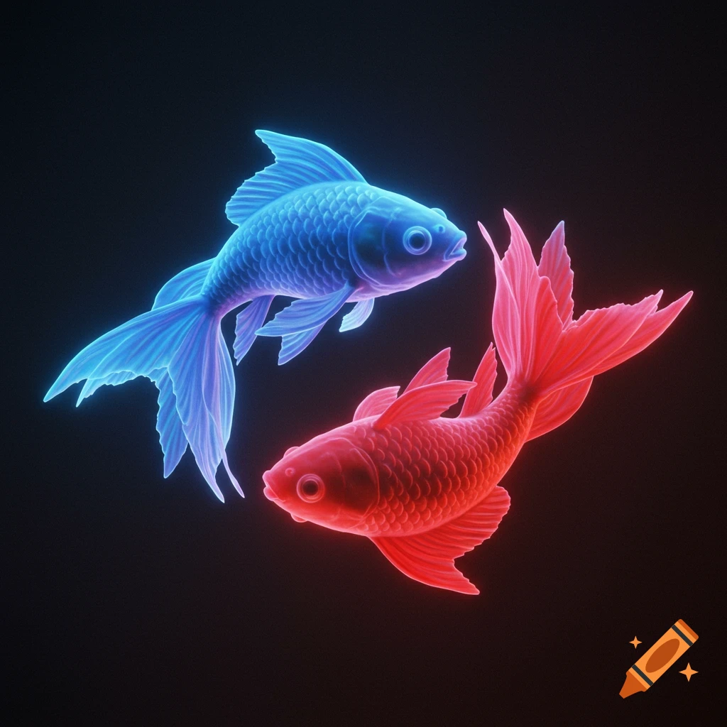 A blue glowing goldfish and a red glowing goldfish face each other, forming a yin-yang symbol against a black background.